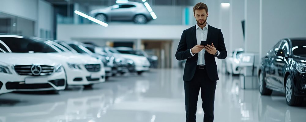 man-suit-is-standing-front-car-looking-his-phone